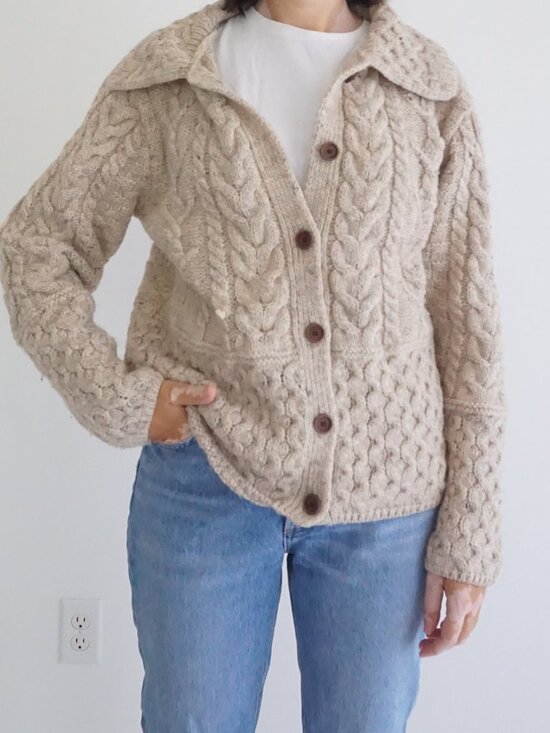 Sweaters - Vintage Artisan Knitwear Beige Cable Knit Aran Irish 99% Wool Blend Cardigan M